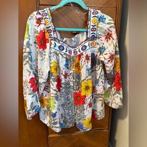 Johnny Was Floral Blouse Top Boho Bohemian Colorful Embroidered m see pics